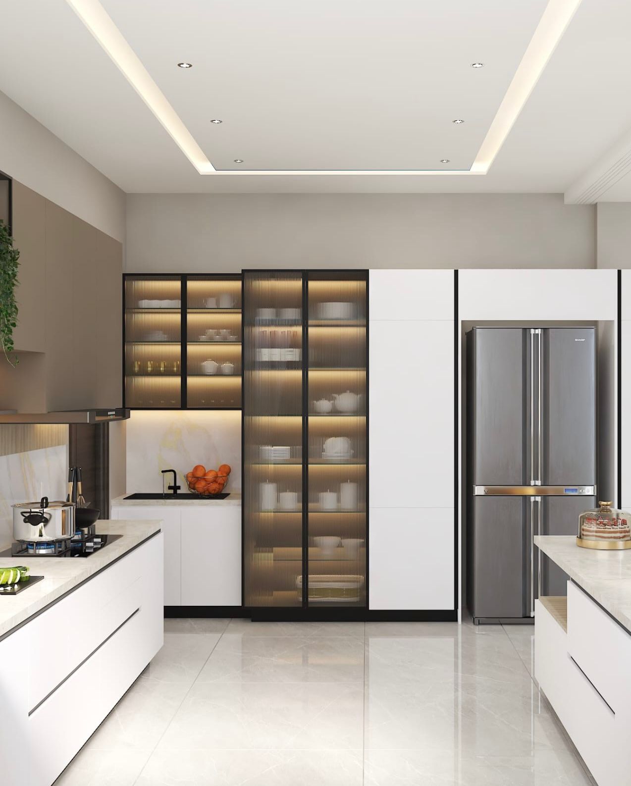 Taupe Kitchen with Backlit Pantry, Kanpur